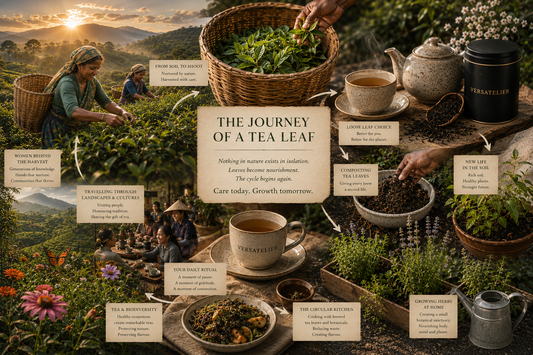 The Journey of a Tea Leaf — a circular infographic showing women harvesting tea, the daily ritual, composting, growing herbs and new life in the soil. By Versatelier.