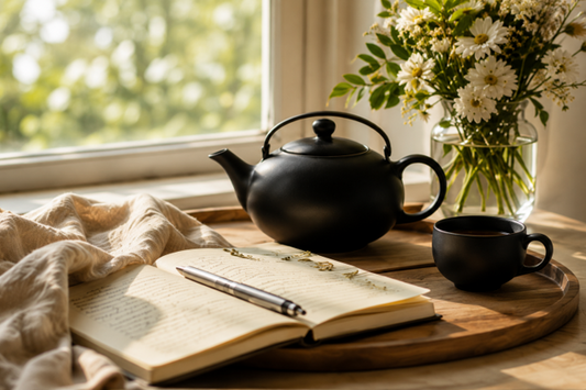 A matte black teapot and ceramic cup on a wooden tray beside a sunlit window, with wildflowers and an open linen journal, steam gently rising
