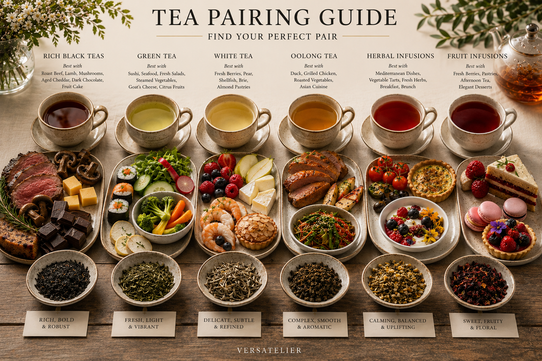 Tea Pairing Guide — Six tea types paired with complementary foods, styled on a warm wooden table with ceramics and fresh ingredients. By Versatelier.